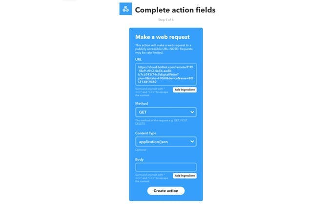 IFTTT Action Configuration