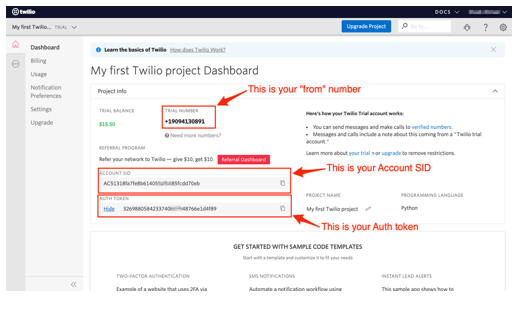 Creating an account on Twillo