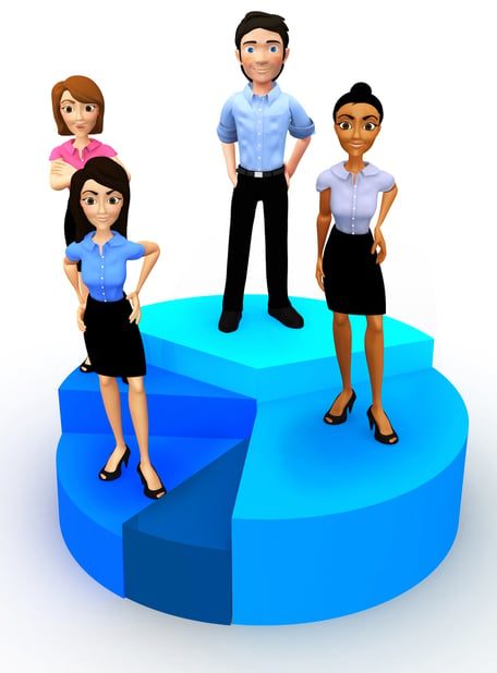 3D business group standing on a pie chart - isolated over a white background